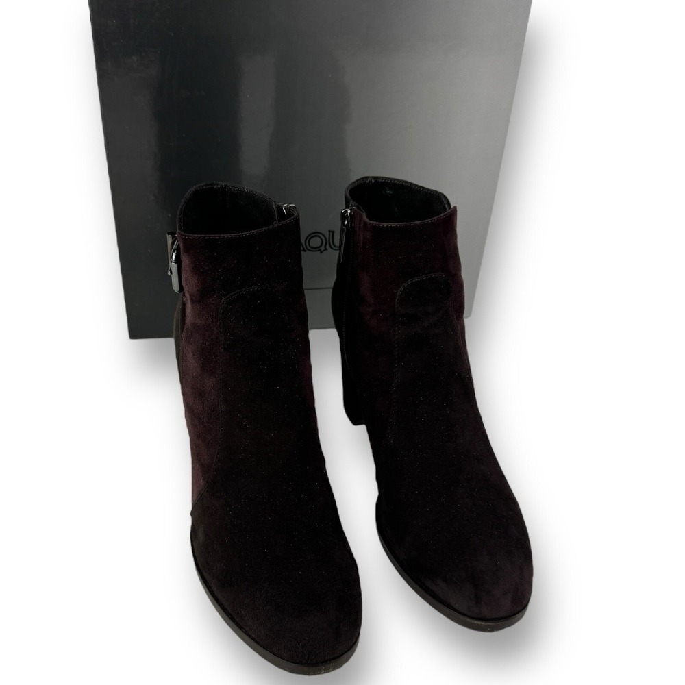 Aquatalia Eliana Espresso Burgundy Suede Heeled Ankle Boots Womens Size 9.5 M